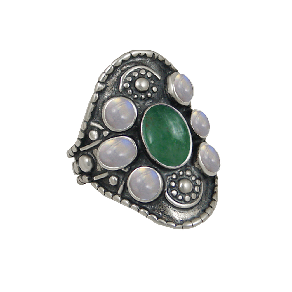 Sterling Silver High Queen's Ring With Jade And Rainbow Moonstone Size 10